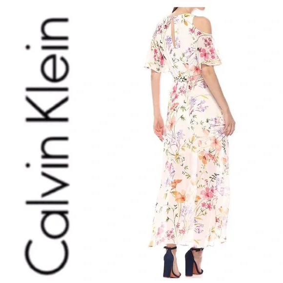 NEW Calvin Klein Cold Shoulder floral chiffon Maxi Dress with Self-sash Waist - Picture 6 of 12